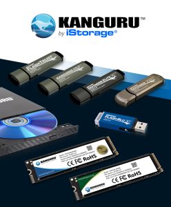 images of Kanguru and related storage devices, with the overlaid headline ‘Kanguru products now in stock’